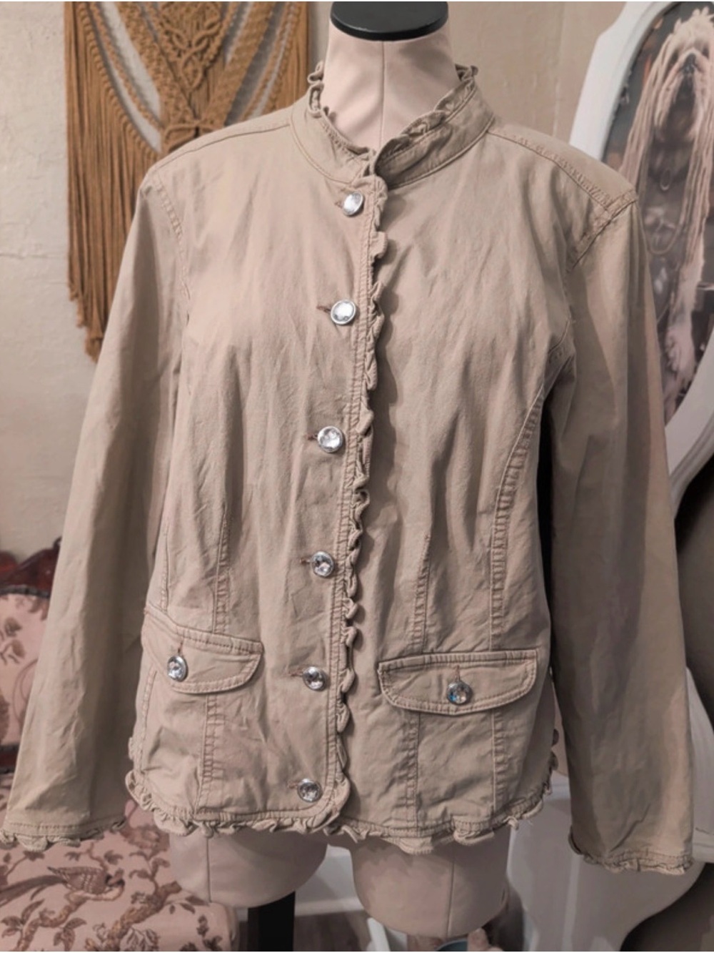 CJ Banks Beige Ruffle-Trim Utility Jacket denim jacket with pockets and preppy